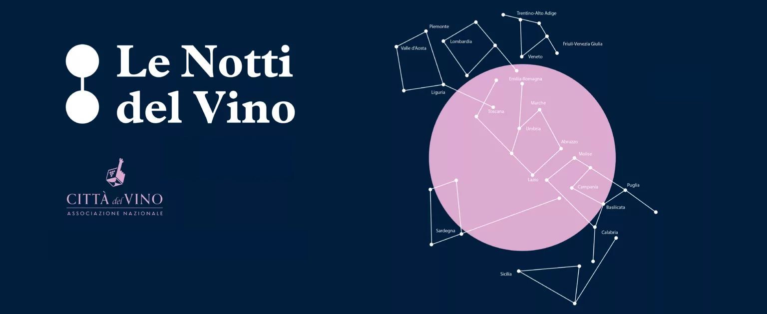 visual notti del vino - una luna rosa in un cielo blu e le città del vino d'italia congiunte come fossero costellazioni