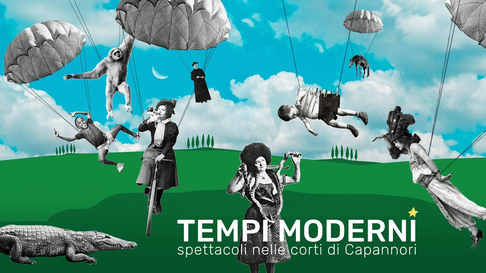 des gens font voler des parapluies au-dessus d'une colline